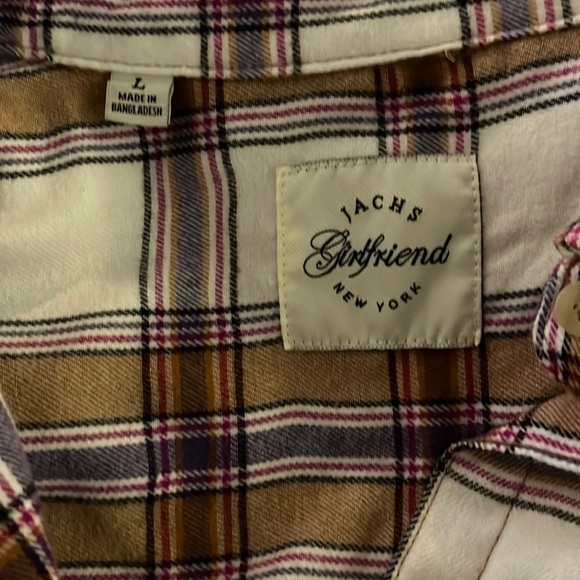 Jachs Women Top Cream Plaid Flannel Boyfriend Button Up Collar - Picture 2 of 3